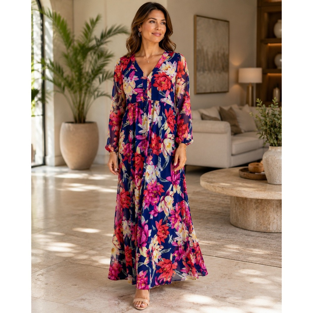 IMAN Global Chic Maxi Dress Womens M Blue Pink Floral V-Neck Long Sleeve Mesh